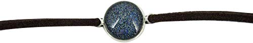 Silver-tone Starry Night Glitter Glass Pendant Choker Necklace Faux Brown Suede Cord