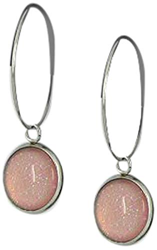 Stainless Steel Light Pink Glass Charm Hoop Earrings Hand-painted 1"