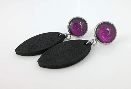 Stainless Steel Magenta Purple Glitter Glass Black Wood Drop Earrings