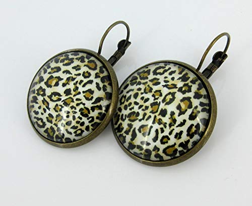 Antiqued Gold-tone Animal Print Glass Lever-back Drop Earrings Large 25mm