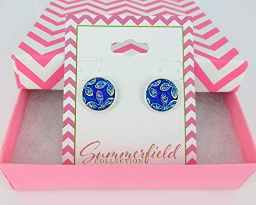 Silver-tone Royal Blue Frosted Flower Metallic Rainbow Stud Earrings 12mm