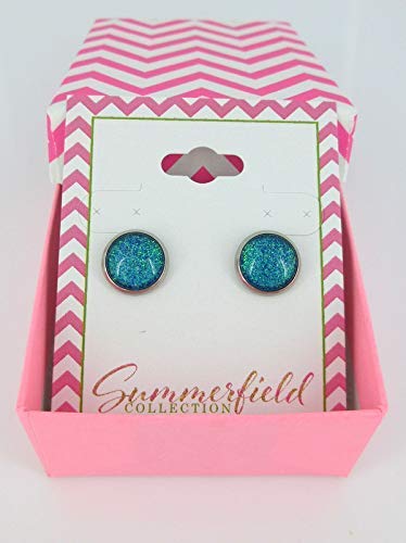 Stainless Steel Blue Green Glitter Glass Stud Earrings Hand-painted 10mm