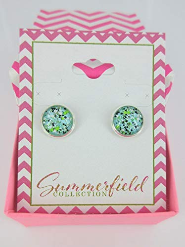 Silver-tone Blue Black Green White Glitter Glass Stud Earrings Hand-painted 10mm
