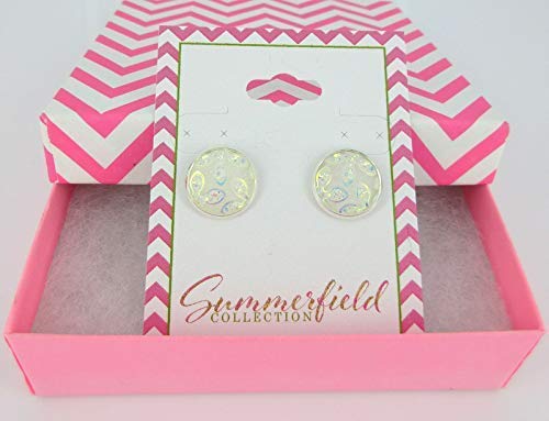 Silver-tone White AB Frosted Flower Metallic Rainbow Stud Earrings 12mm