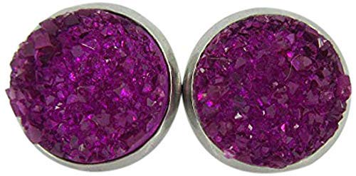 Stainless Steel Deep Magenta Faux Druzy Stone Stud Earrings