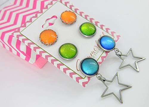 Stainless Steel Neon Tropical Summer Glass Stud and Star Dangle Trio Earrings Set