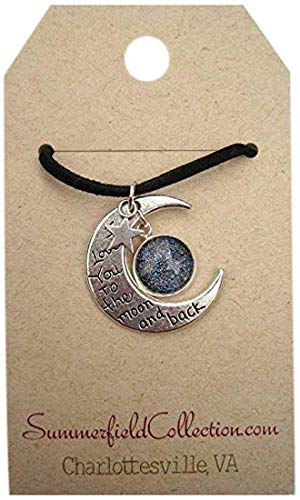 Silver-Tone Starry Night Glitter Glass I Love You to the Moon and Back Pendant Necklace Faux Suede