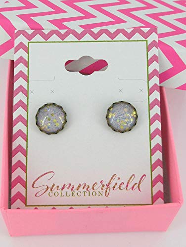 Antiqued Gold-tone Lavender Purple Glitter Glass Stud Earrings Hand-painted 10mm