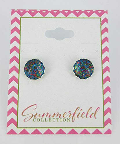 Silver-tone Aqua Blue and Rainbow Flake Glass Stud Earrings Hand-painted 10mm