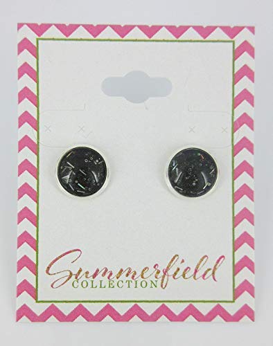 Silver-tone Black Galaxy Glitter Glass Stud Earrings Hand-painted 10mm