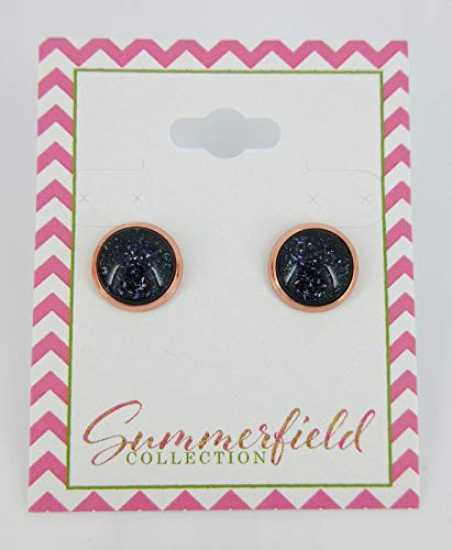 Rose Gold-tone Black and Holographic Flake Glitter Glass Stud Earrings Hand-painted 10mm