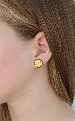 Antiqued Gold-tone Metallic Mermaid Scale Stud Earrings 12mm Orange Yellow AB