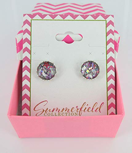 Silver-tone Gray Pink and White Glitter Glass Stud Earrings Hand-painted 10mm