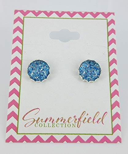 Silver-tone Blue Sparkle Glitter Glass Stud Earrings Hand-painted 10mm