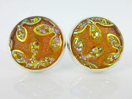Silver-tone Orange Yellow Frosted Flower Metallic Rainbow Stud Earrings 12mm