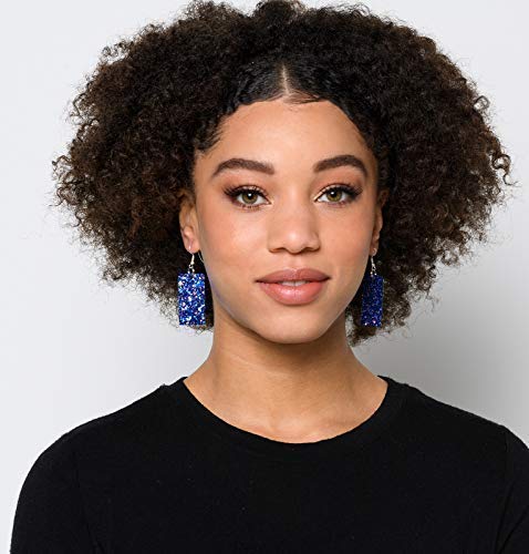 Blue with Pink and Black Glitter Faux Leather Large Rectangle Dangle Earrings