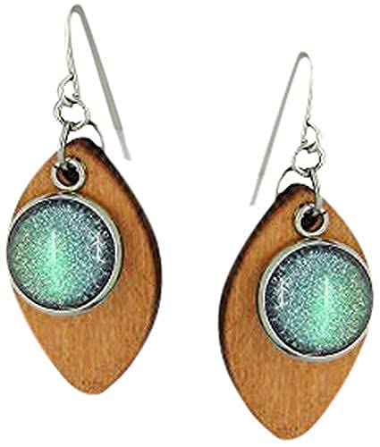 Stainless Steel Green Glitter Glass Charm Wood Leaf Dangle Earrings