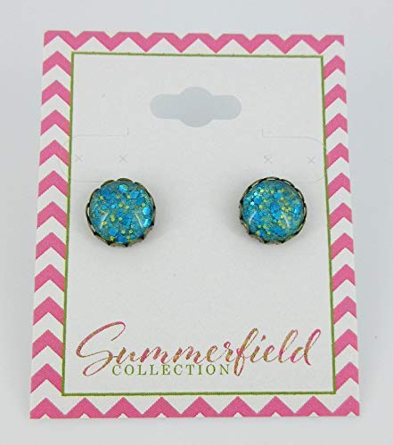 Antiqued Gold-tone Seafoam Green and Blue Glitter Glass Stud Earrings Hand-painted 10mm