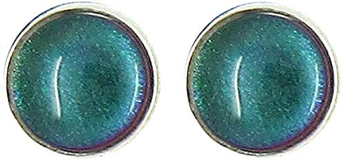 Silver-tone Dark Green Blue Color Shift Glitter Glass Stud Earrings Hand-painted 8mm