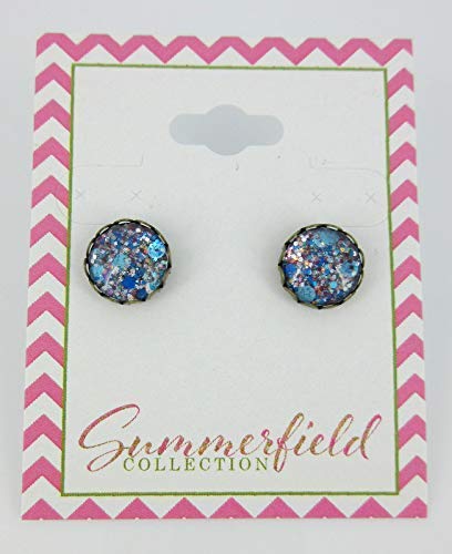 Antiqued Gold-tone Purple and Blue Glitter Glass Stud Earrings Hand-painted 10mm