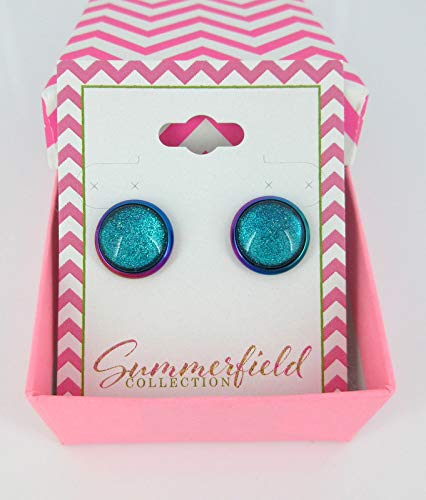 Rainbow Stainless Steel Metallic Aqua Blue Glitter Glass Stud Earrings Hand-painted 12mm