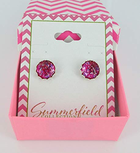 Silver-tone Hot Pink Glitter Glass Stud Earrings Hand-painted 10mm
