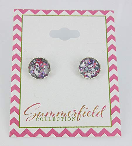 Silver-tone Gray Pink and White Glitter Glass Stud Earrings Hand-painted 10mm
