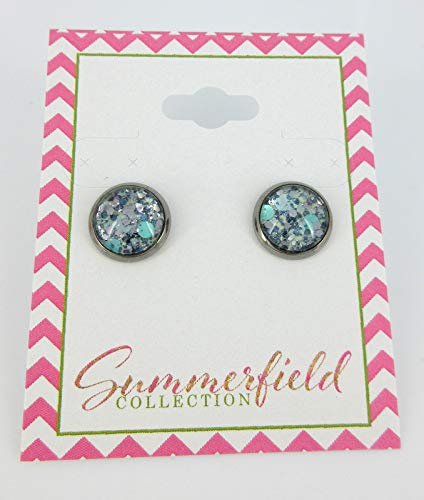 Hematite-tone Mint Green and Silver Glitter Glass Stud Earrings Hand-painted 10mm