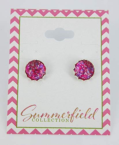 Silver-tone Hot Pink Glitter Glass Stud Earrings Hand-painted 10mm