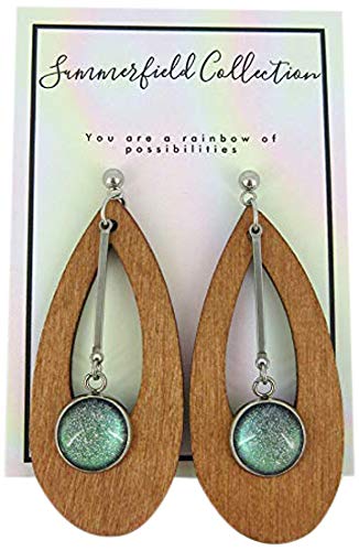 Stainless Steel Green Glitter Glass Charm Wood Teardrop Drop Earrings