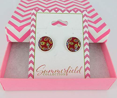 Silver-tone Red Frosted Flower Metallic Rainbow Stud Earrings 12mm