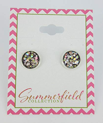 Silver-tone Burgundy Confetti Glitter Glass Stud Earrings Hand-painted 10mm