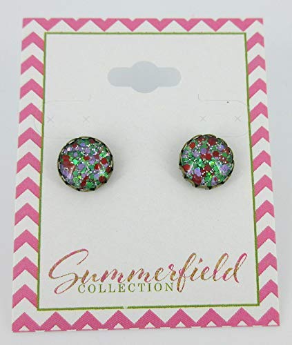 Antiqued Gold-tone Green Purple Red Glitter Glass Stud Earrings Hand-painted 10mm