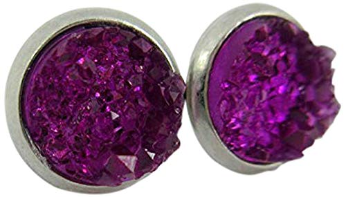 Stainless Steel Deep Magenta Faux Druzy Stone Stud Earrings 8mm