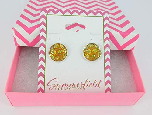 Silver-tone Orange Yellow Frosted Flower Metallic Rainbow Stud Earrings 12mm