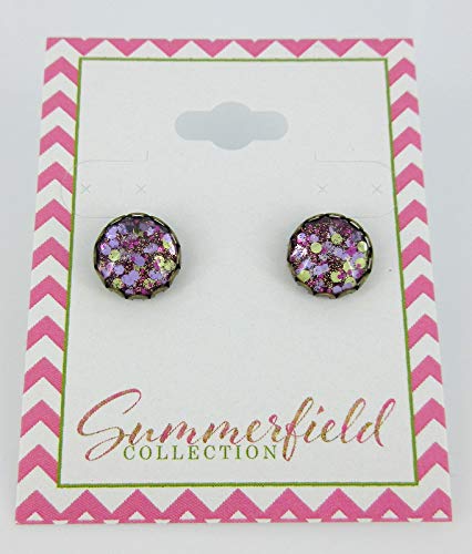 Antiqued Gold-tone Purple Glitter Glass Stud Earrings Hand-painted 10mm