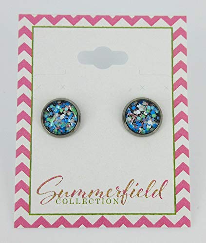 Hematite-tone Blue Green White Glitter Glass Stud Earrings Hand-painted 10mm