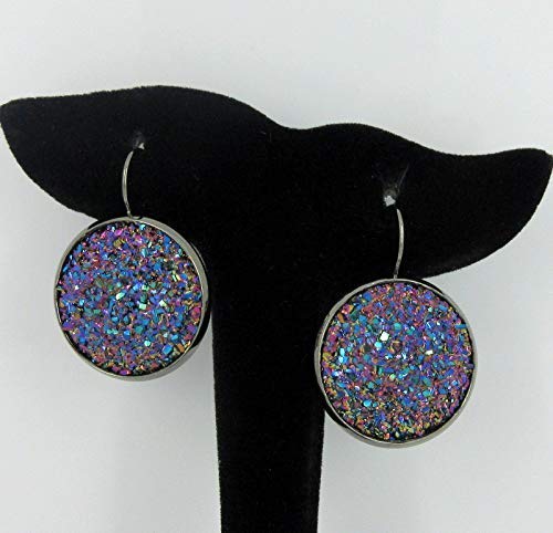 Hematite-tone Purple Pink Teal Faux Druzy Stone Lever-back Drop Earrings Large 25mm