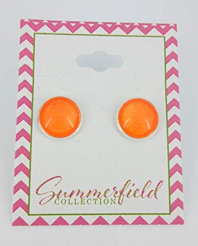 Silver-tone Neon Orange Glitter Glass Stud Earrings Hand-painted 12mm