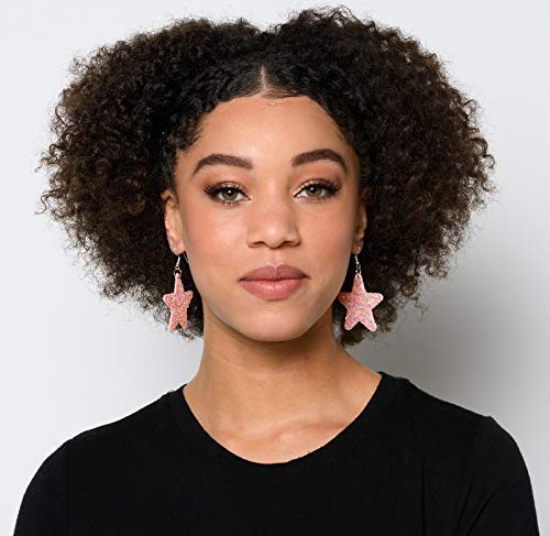 Pink Glitter Faux Leather Large Star Dangle Earrings