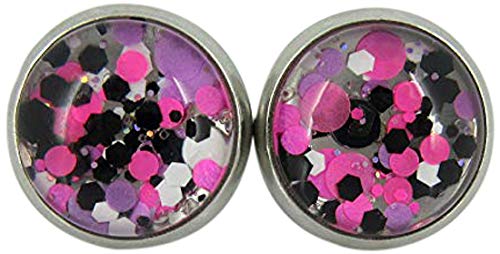 Stainless Steel Pink Purple White Black Glitter Glass Stud Earrings Hand-painted 10mm