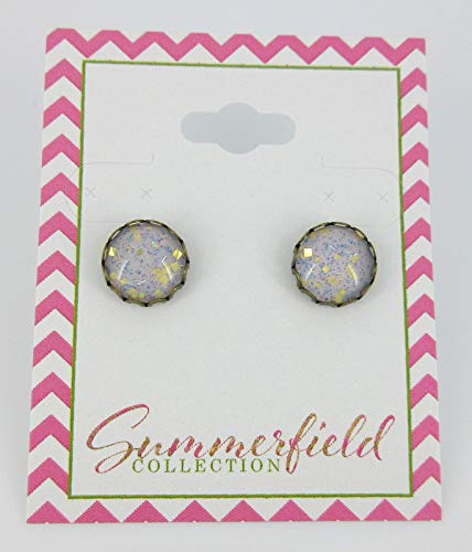 Antiqued Gold-tone Lavender Purple Glitter Glass Stud Earrings Hand-painted 10mm