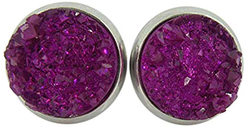 Stainless Steel Deep Magenta Faux Druzy Stone Stud Earrings