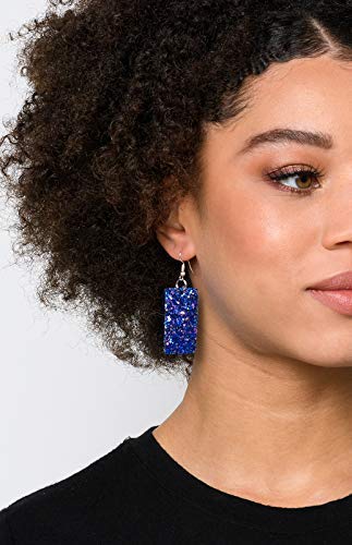 Blue with Pink and Black Glitter Faux Leather Large Rectangle Dangle Earrings