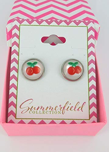 Antiqued Gold-tone Fruit Print Frosted Resin Stud Earrings 12mm