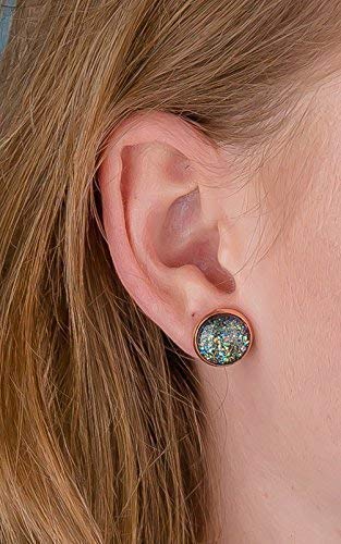 Rose Gold-tone Black Iridescent Glitter Glass Galaxy Stud Earrings Hand-painted 12mm
