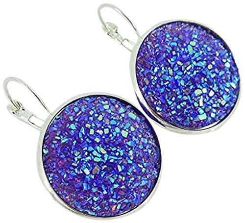 Silver-tone Purple Faux Druzy Stone Lever-back Drop Earrings Large 25mm