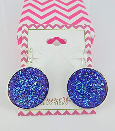 Silver-tone Purple Faux Druzy Stone Lever-back Drop Earrings Large 25mm