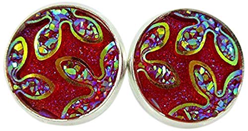 Silver-tone Red Frosted Flower Metallic Rainbow Stud Earrings 12mm