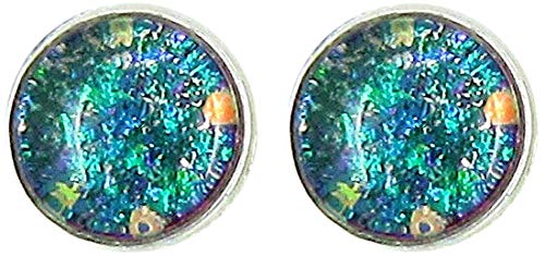 Silver-tone Aqua Blue and Purple Glitter Glass Stud Earrings Hand-painted 8mm